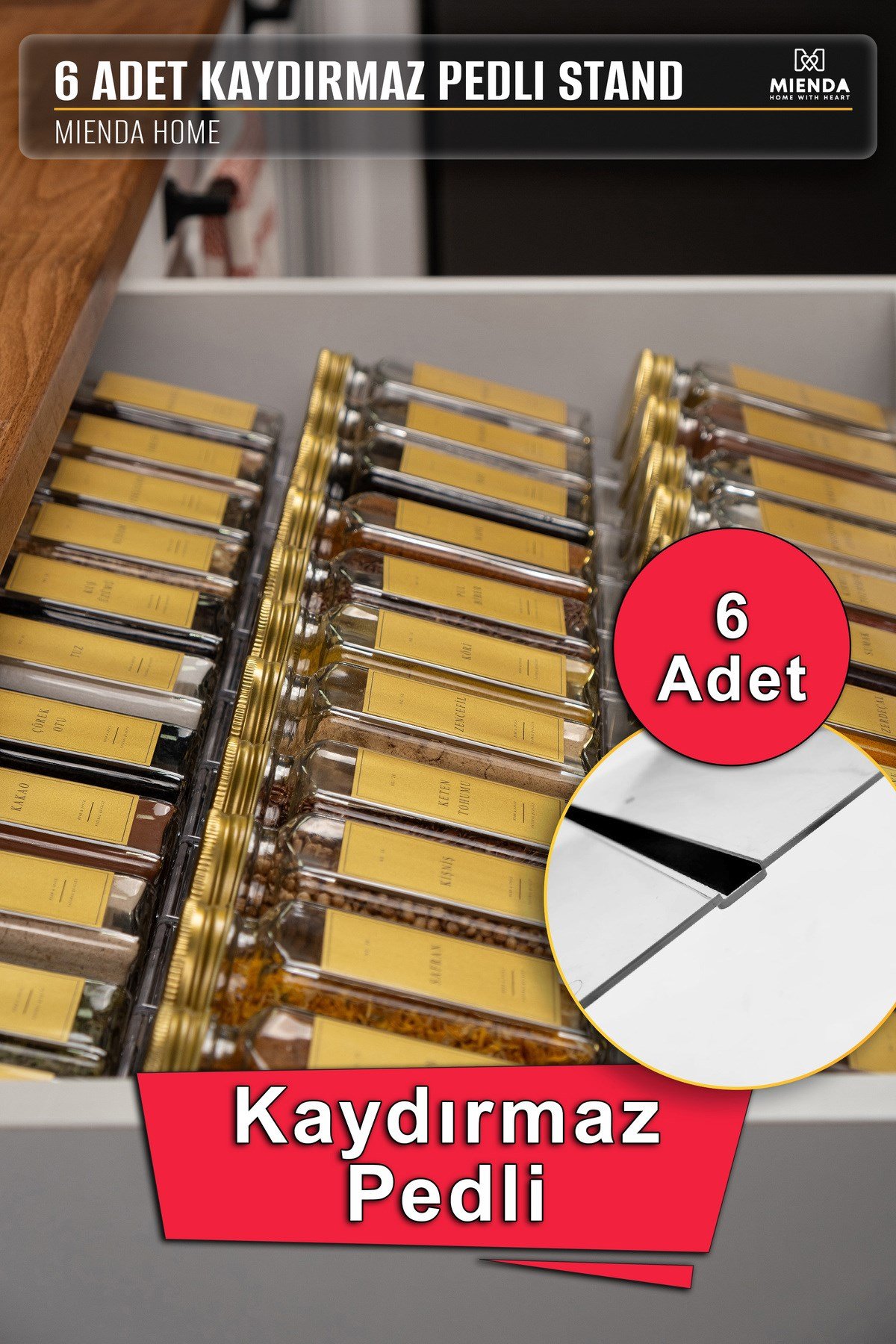 6 Adet Kaydırmaz Pedli Şeffaf Baharatlık Standı – 27x13 Cm Ebatlı Düzenleyici Organizer- Mhydkplx6