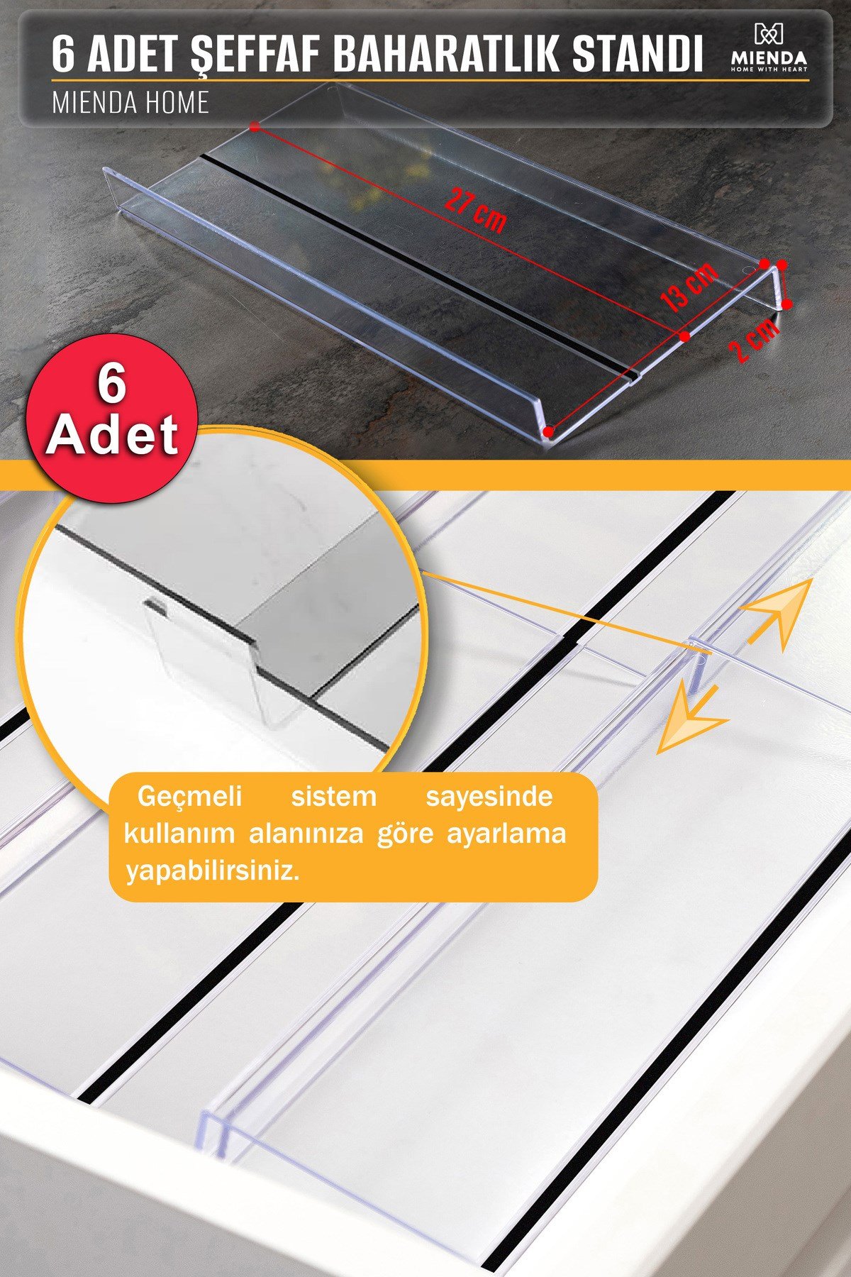 6 Adet Kaydırmaz Pedli Şeffaf Baharatlık Standı – 27x13 Cm Ebatlı Düzenleyici Organizer- Mhydkplx6
