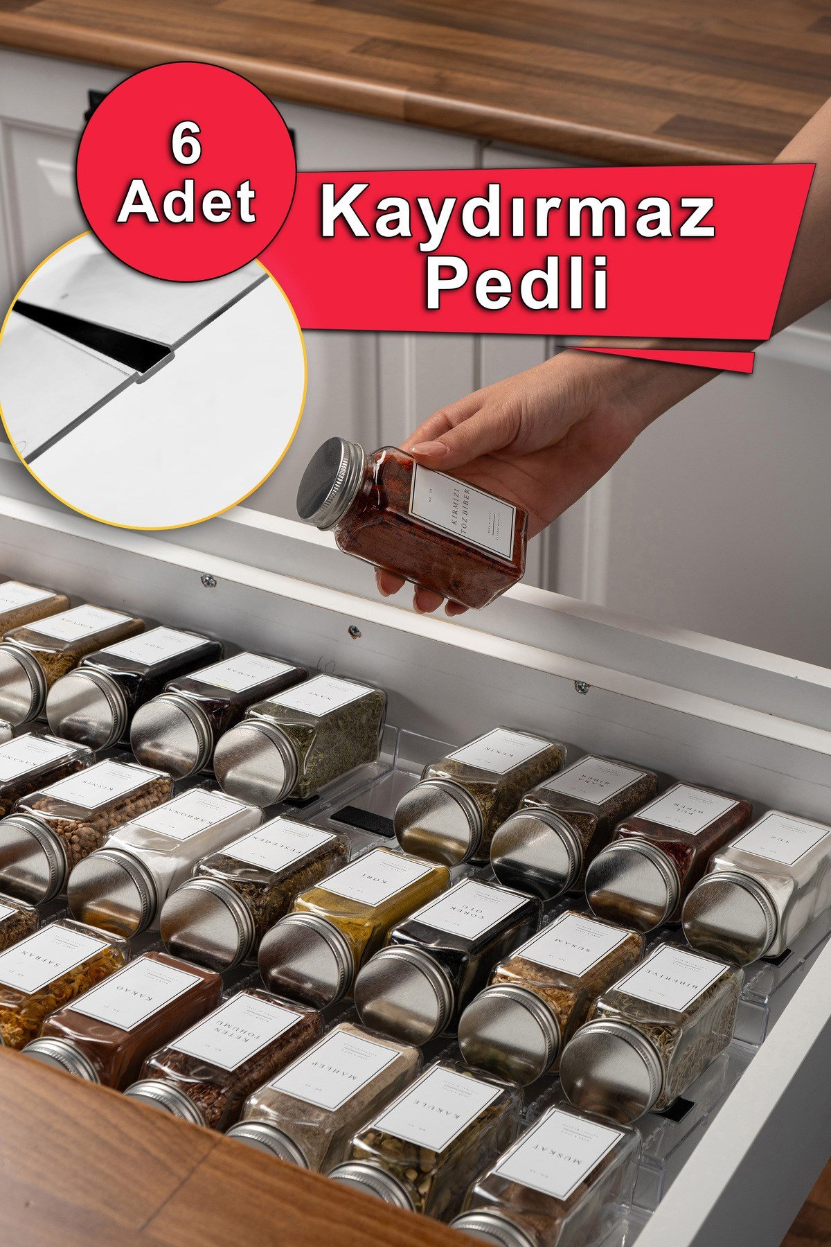 6 Adet Kaydırmaz Pedli Şeffaf Baharatlık Standı – 27x13 Cm Ebatlı Düzenleyici Organizer- Mhydkplx6