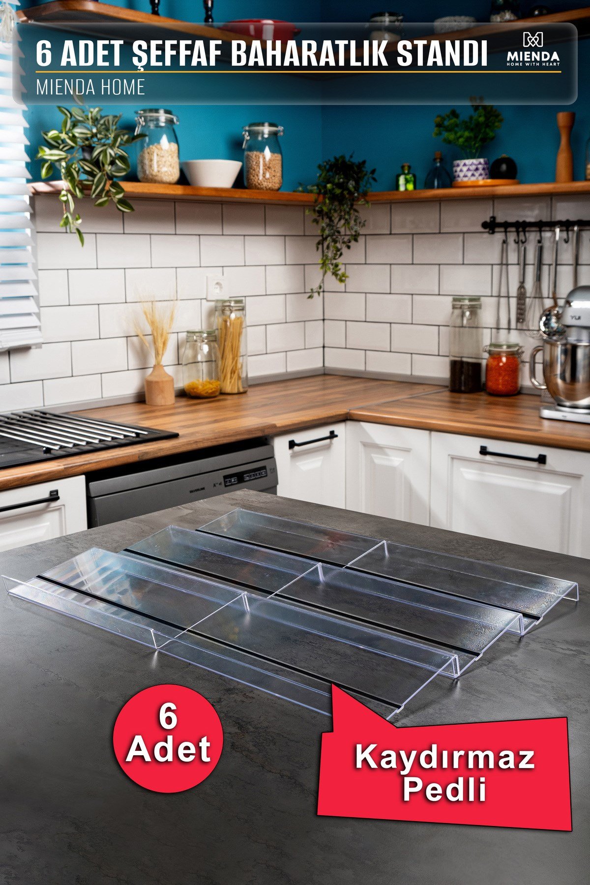 6 Adet Kaydırmaz Pedli Şeffaf Baharatlık Standı – 27x13 Cm Ebatlı Düzenleyici Organizer- Mhydkplx6