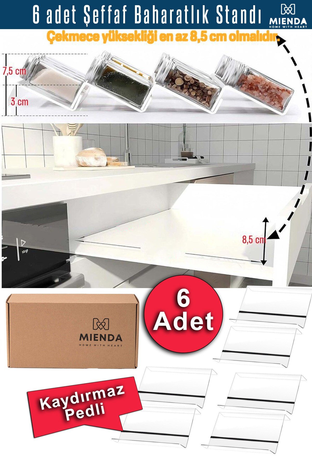 6 Adet Kaydırmaz Pedli Şeffaf Baharatlık Standı – 27x13 Cm Ebatlı Düzenleyici Organizer- Mhydkplx6