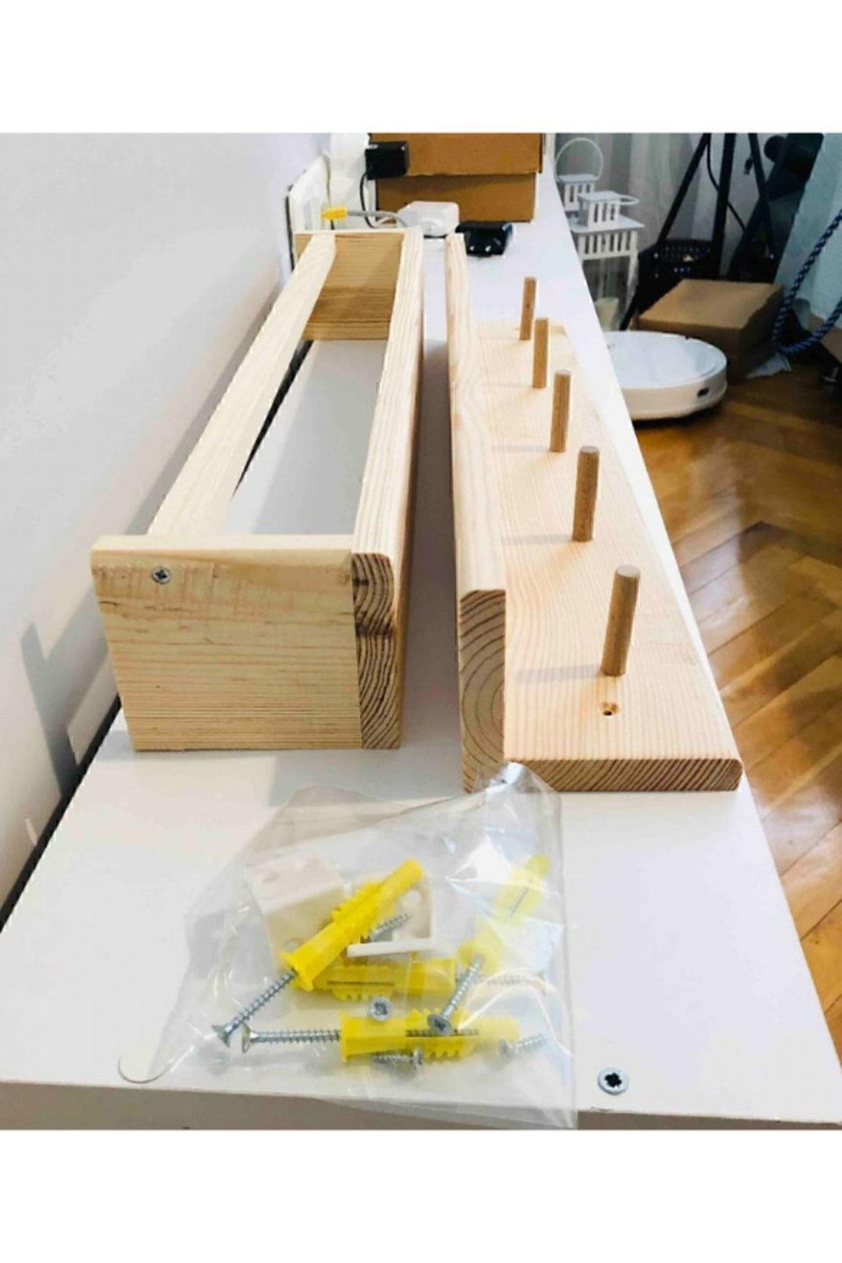 Ahşap Askılık Raf Ve Kitaplık Raf Eğitici Montessori Raf 2'li 40 Cm