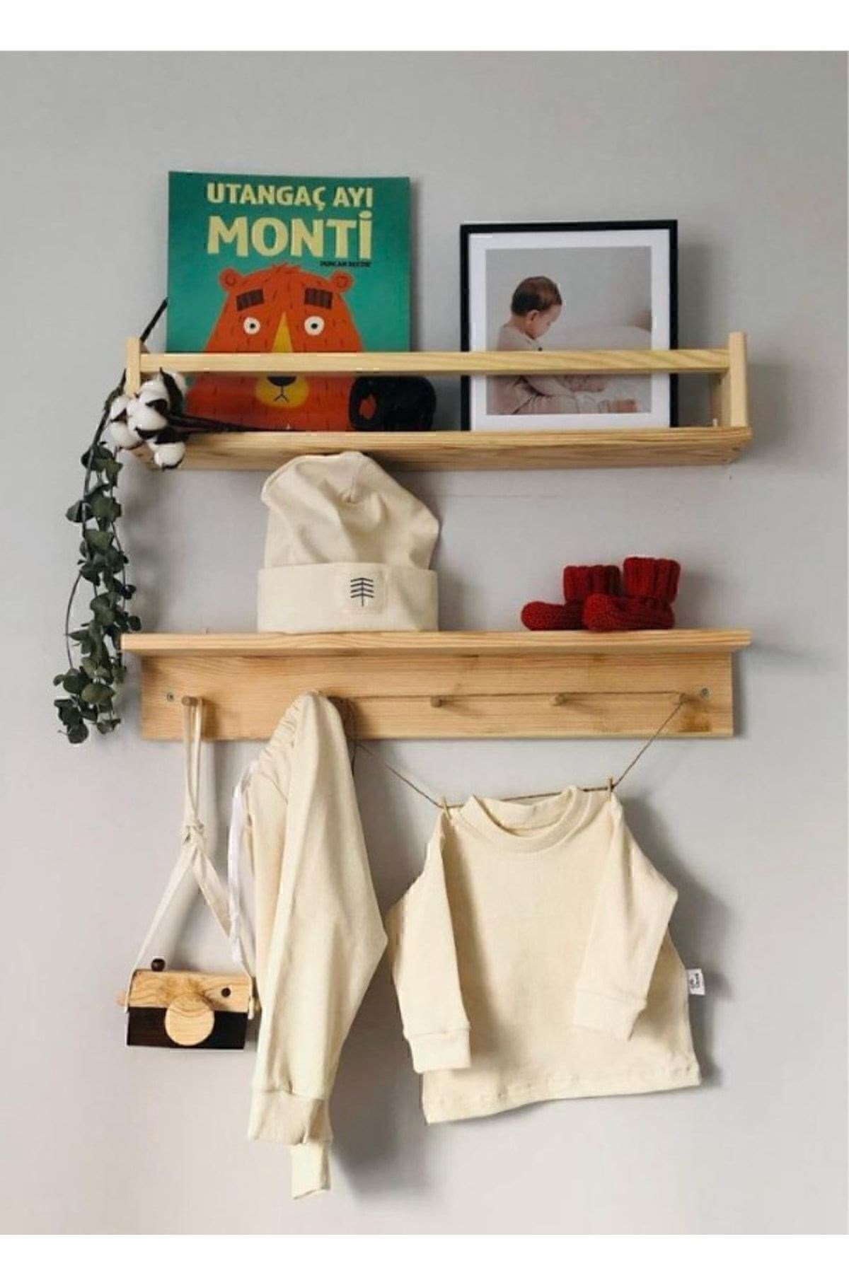 Ahşap Askılık Raf Ve Kitaplık Raf Eğitici Montessori Raf 2'li 40 Cm