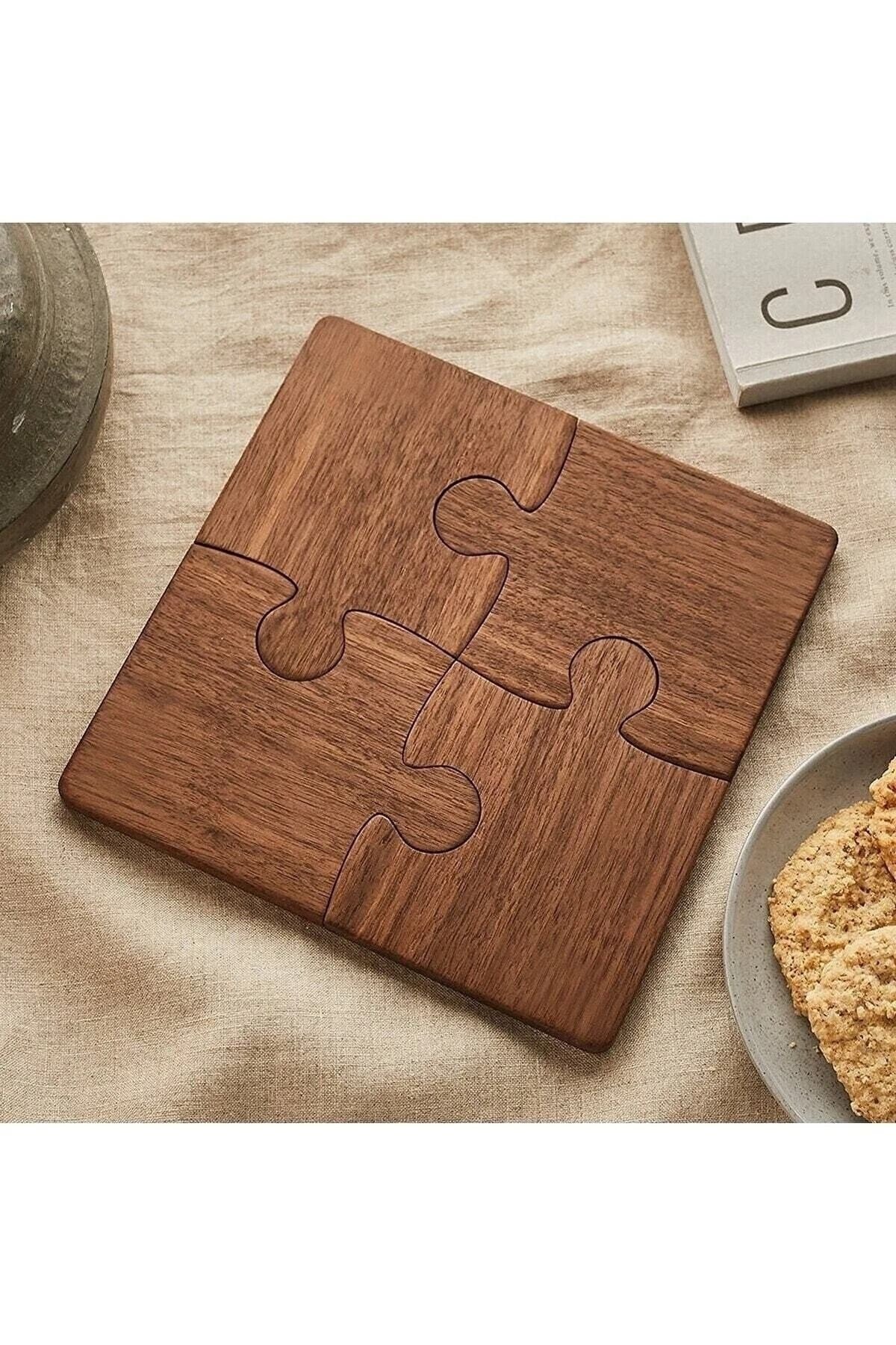 Ahşap Desenli Puzzle Mdf Bardak Altlığı 4'lü Set 10x10 Cm Masaüstü Dekorasyon Eşyası
