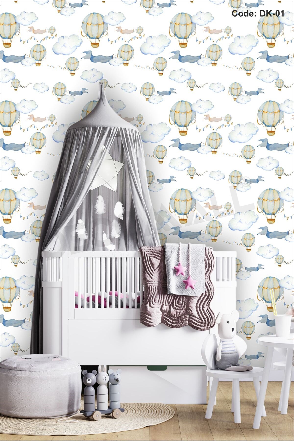 ÇDK-1 Balon Desenli Bebek Çocuk Odası Duvar Kağıdı Kendinden Yapışkanlı 50 cm x 10 m Tek Parça