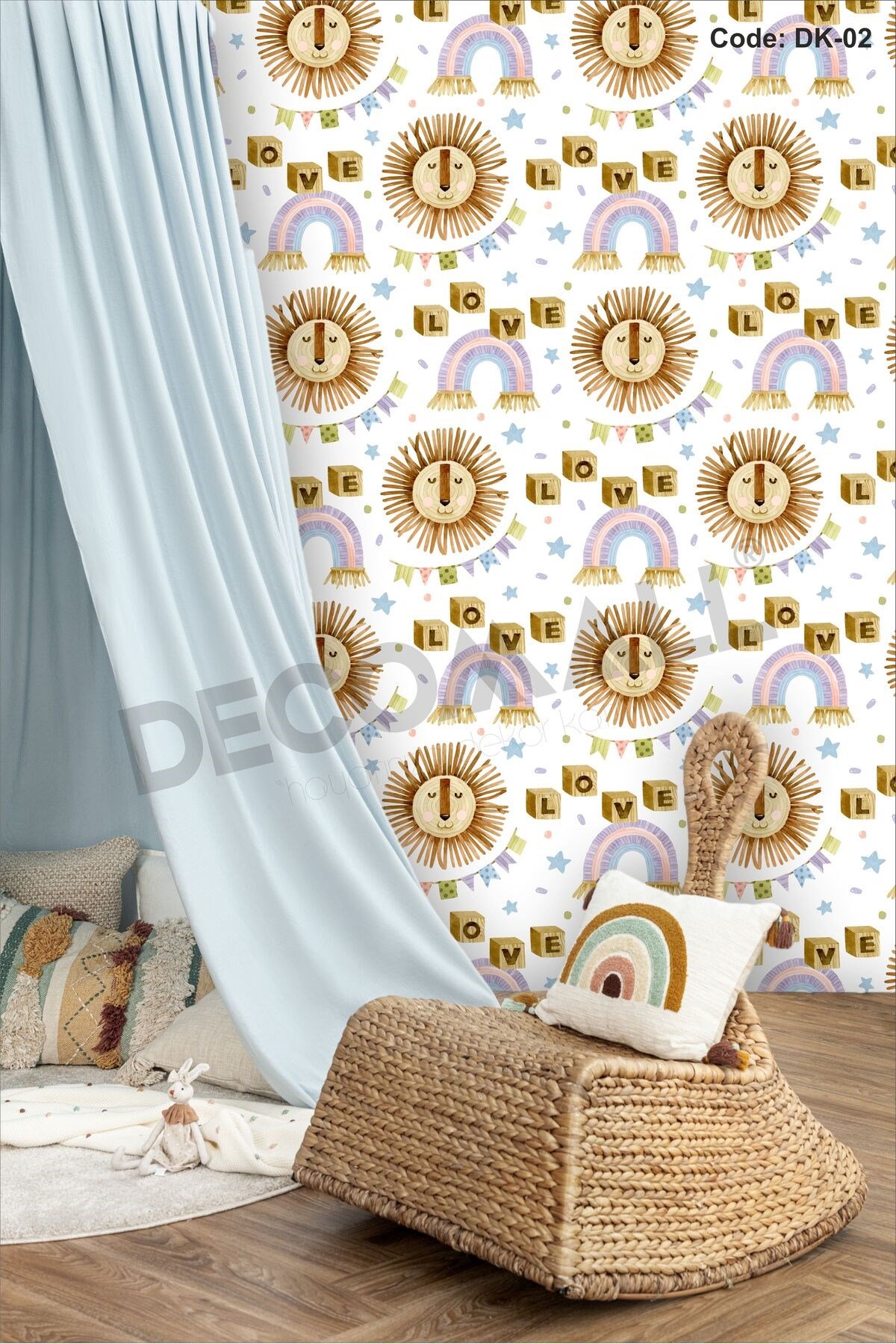 ÇDK-2 Aslan & Gökkuşağı Desenli Bebek Çocuk Odası Duvar Kağıdı Kendinden Yapışkanlı 50 cm x 10m