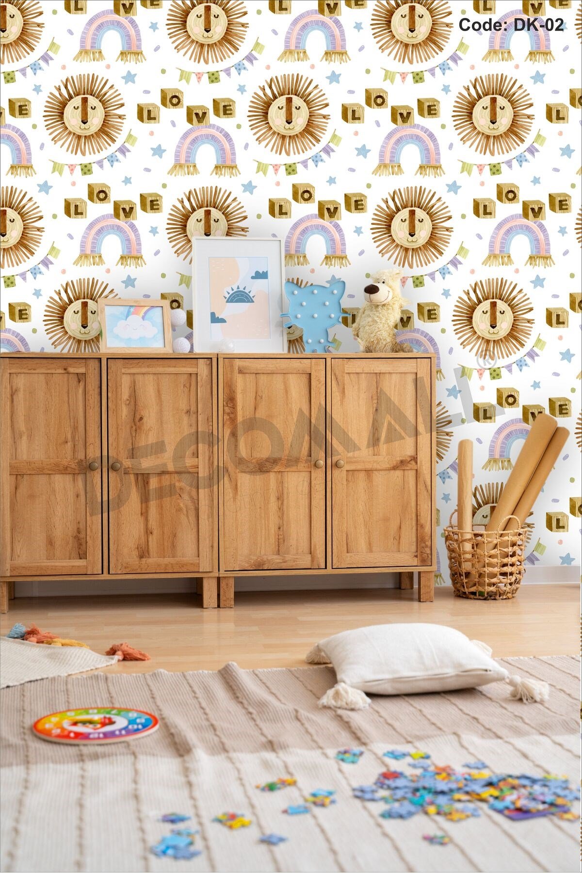 ÇDK-2 Aslan & Gökkuşağı Desenli Bebek Çocuk Odası Duvar Kağıdı Kendinden Yapışkanlı 50 cm x 10m