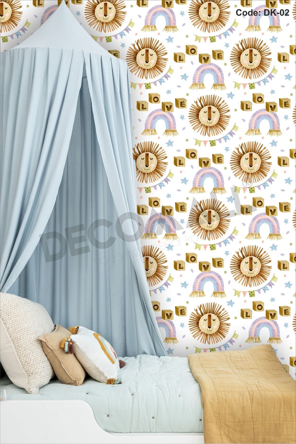 ÇDK-2 Aslan & Gökkuşağı Desenli Bebek Çocuk Odası Duvar Kağıdı Kendinden Yapışkanlı 50 cm x 10m