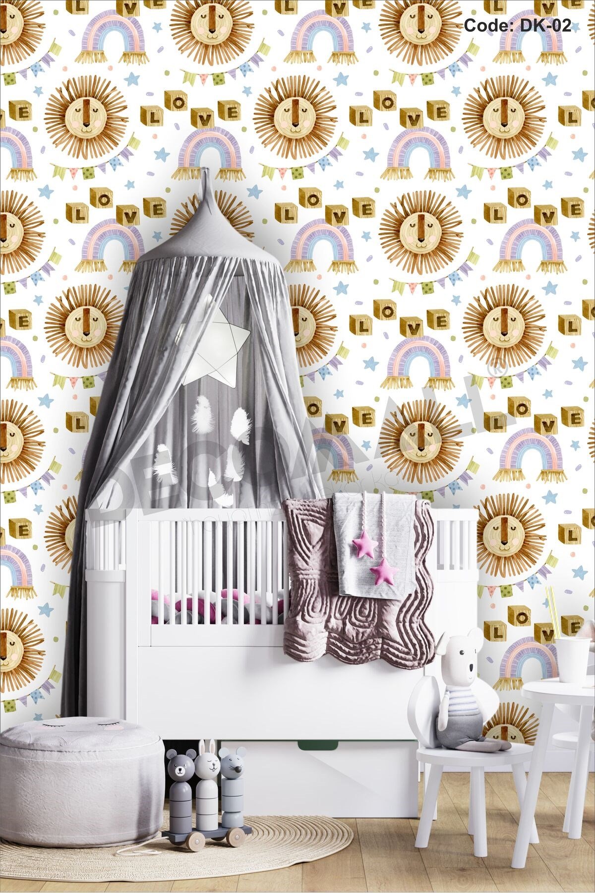 ÇDK-2 Aslan & Gökkuşağı Desenli Bebek Çocuk Odası Duvar Kağıdı Kendinden Yapışkanlı 50 cm x 10m