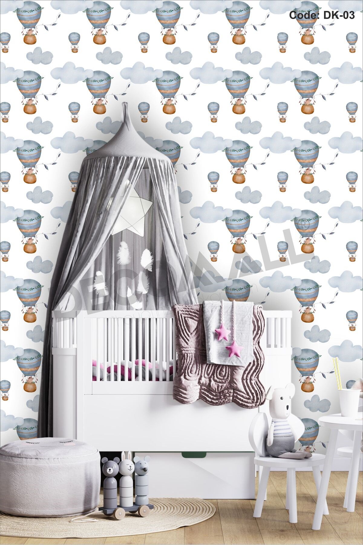 ÇDK-3 Balon & Bulut Desenli Bebek Çocuk Odası Duvar Kağıdı Kendinden Yapışkanlı 50 cm x 10 m
