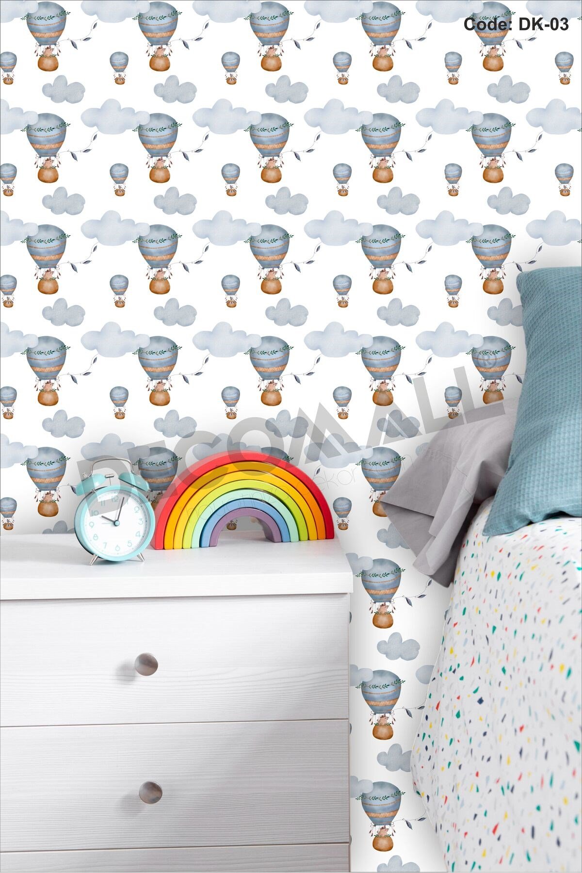 ÇDK-3 Balon & Bulut Desenli Bebek Çocuk Odası Duvar Kağıdı Kendinden Yapışkanlı 50 cm x 10 m