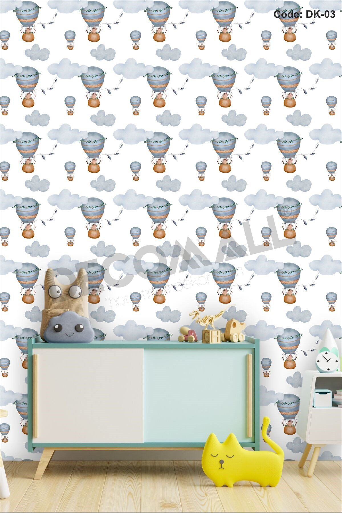 ÇDK-3 Balon & Bulut Desenli Bebek Çocuk Odası Duvar Kağıdı Kendinden Yapışkanlı 50 cm x 10 m