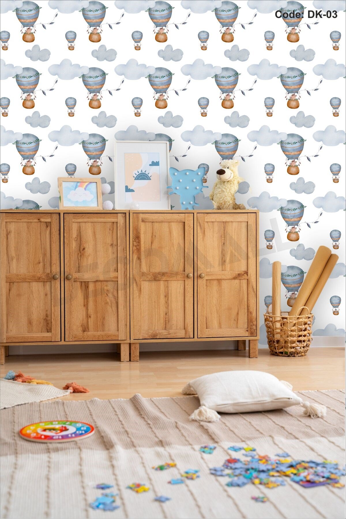 ÇDK-3 Balon & Bulut Desenli Bebek Çocuk Odası Duvar Kağıdı Kendinden Yapışkanlı 50 cm x 10 m