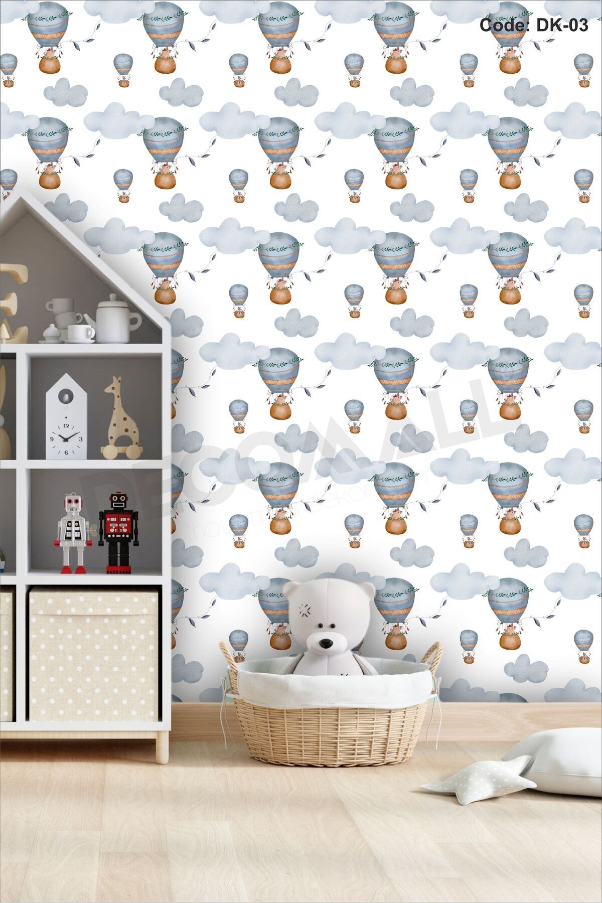 ÇDK-3 Balon & Bulut Desenli Bebek Çocuk Odası Duvar Kağıdı Kendinden Yapışkanlı 50 cm x 10 m
