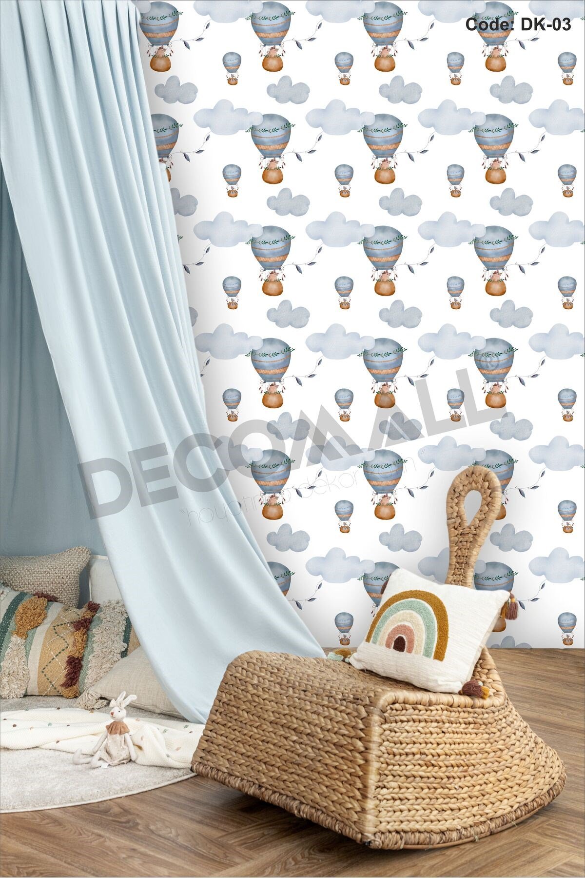 ÇDK-3 Balon & Bulut Desenli Bebek Çocuk Odası Duvar Kağıdı Kendinden Yapışkanlı 50 cm x 10 m