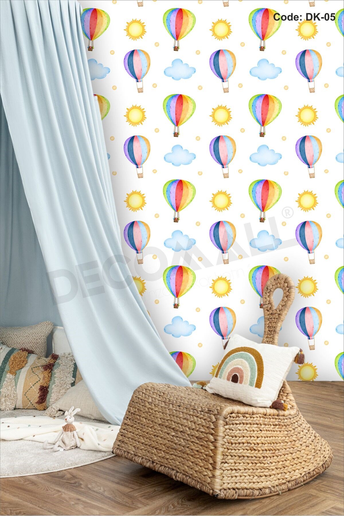 ÇDK-5 Gökkuşağı Balon Desenli Bebek Çocuk Odası Duvar Kağıdı Kendinden Yapışkanlı 50cm x 10m