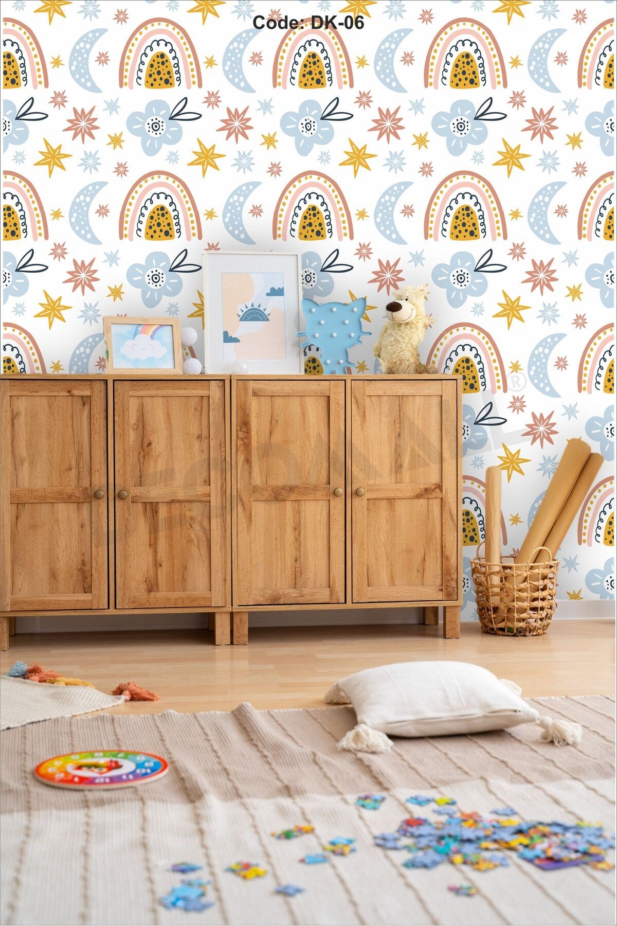 ÇDK-6 Bohem Gökkuşağı Desenli Bebek & Çocuk Odası Duvar Kağıdı Kendinden Yapışkanlı 50 cm x 10 m