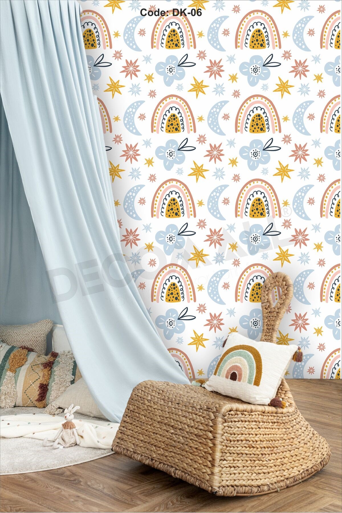 ÇDK-6 Bohem Gökkuşağı Desenli Bebek & Çocuk Odası Duvar Kağıdı Kendinden Yapışkanlı 50 cm x 10 m