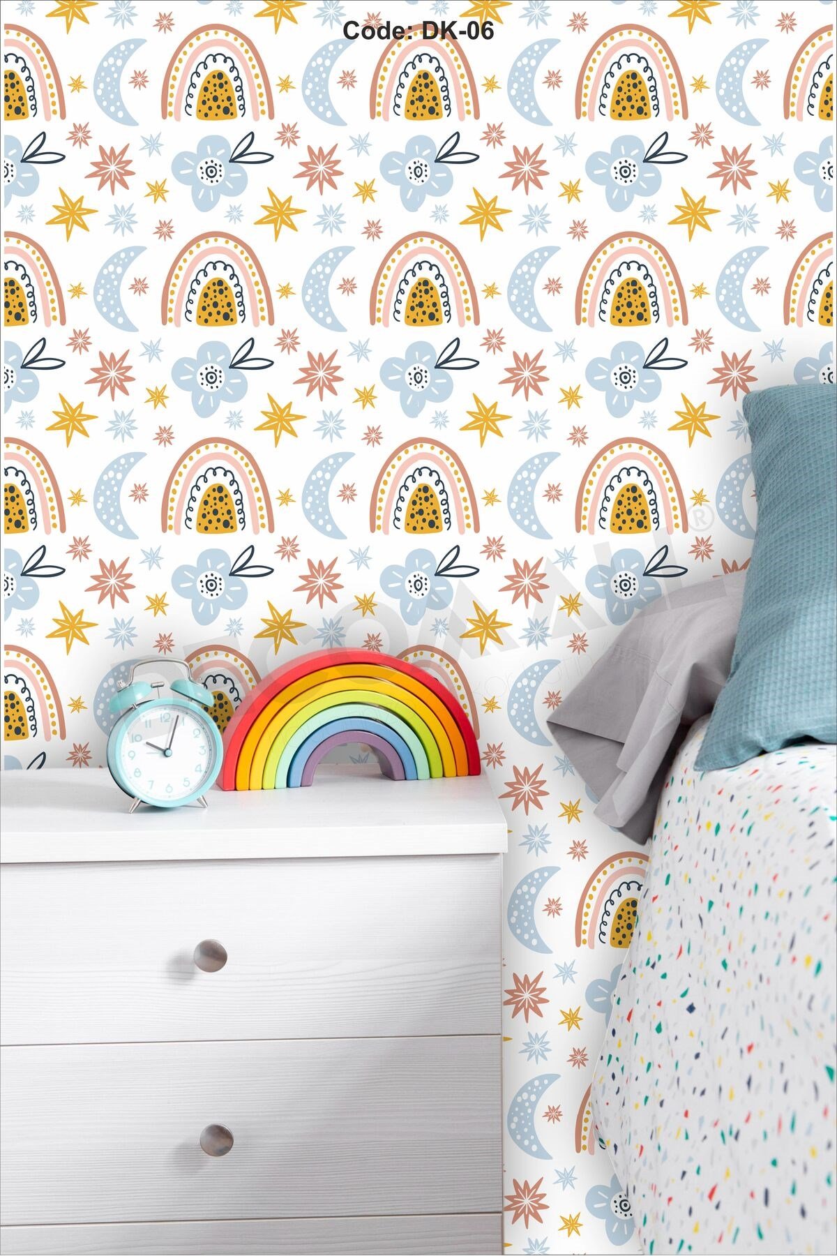ÇDK-6 Bohem Gökkuşağı Desenli Bebek & Çocuk Odası Duvar Kağıdı Kendinden Yapışkanlı 50 cm x 10 m