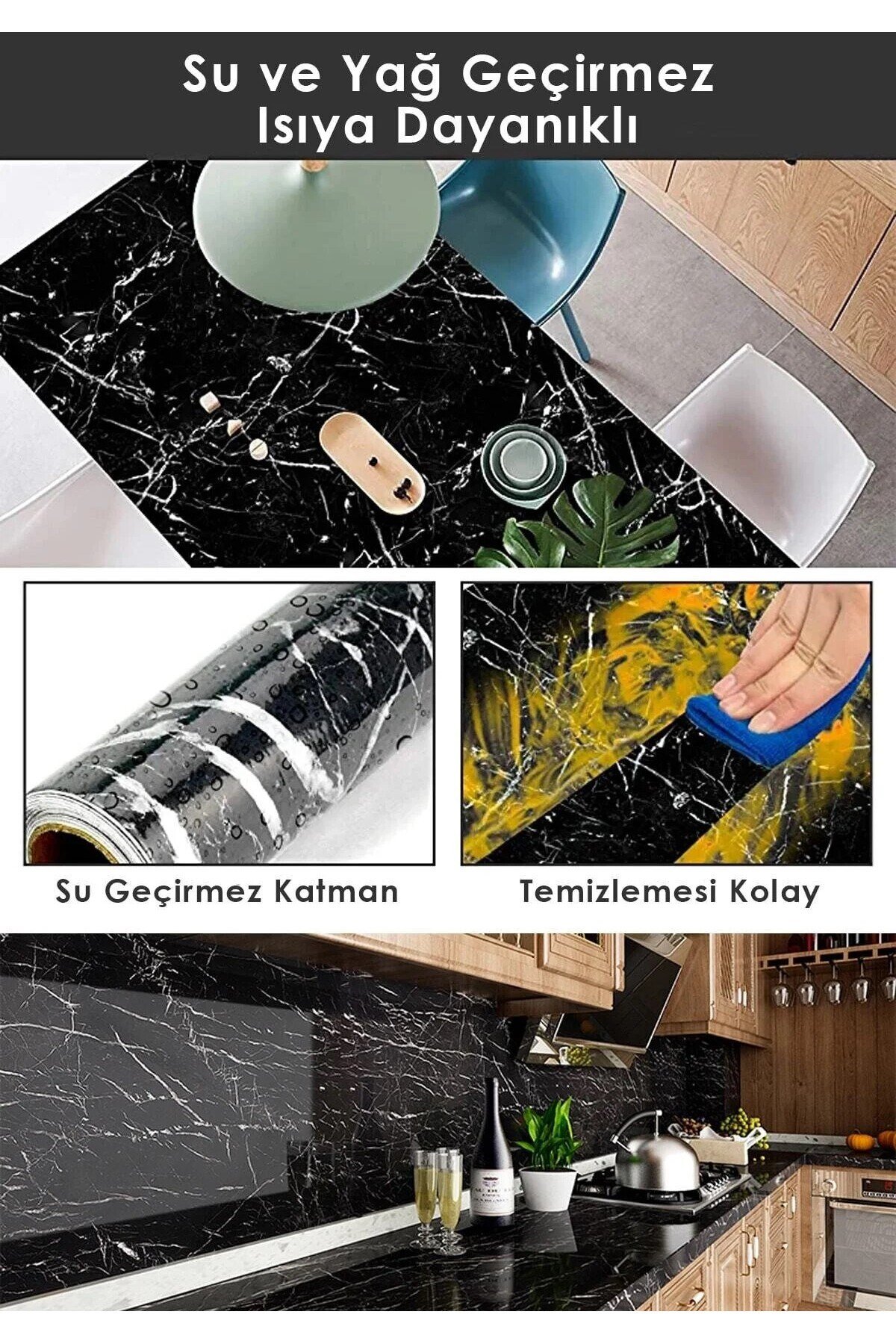 Code 222 Siyah Mermer Desenli Kendindin Yapışkanlı Folyo mutfak, Banyo, Tezgah Duvar Kağıdı Kaplama
