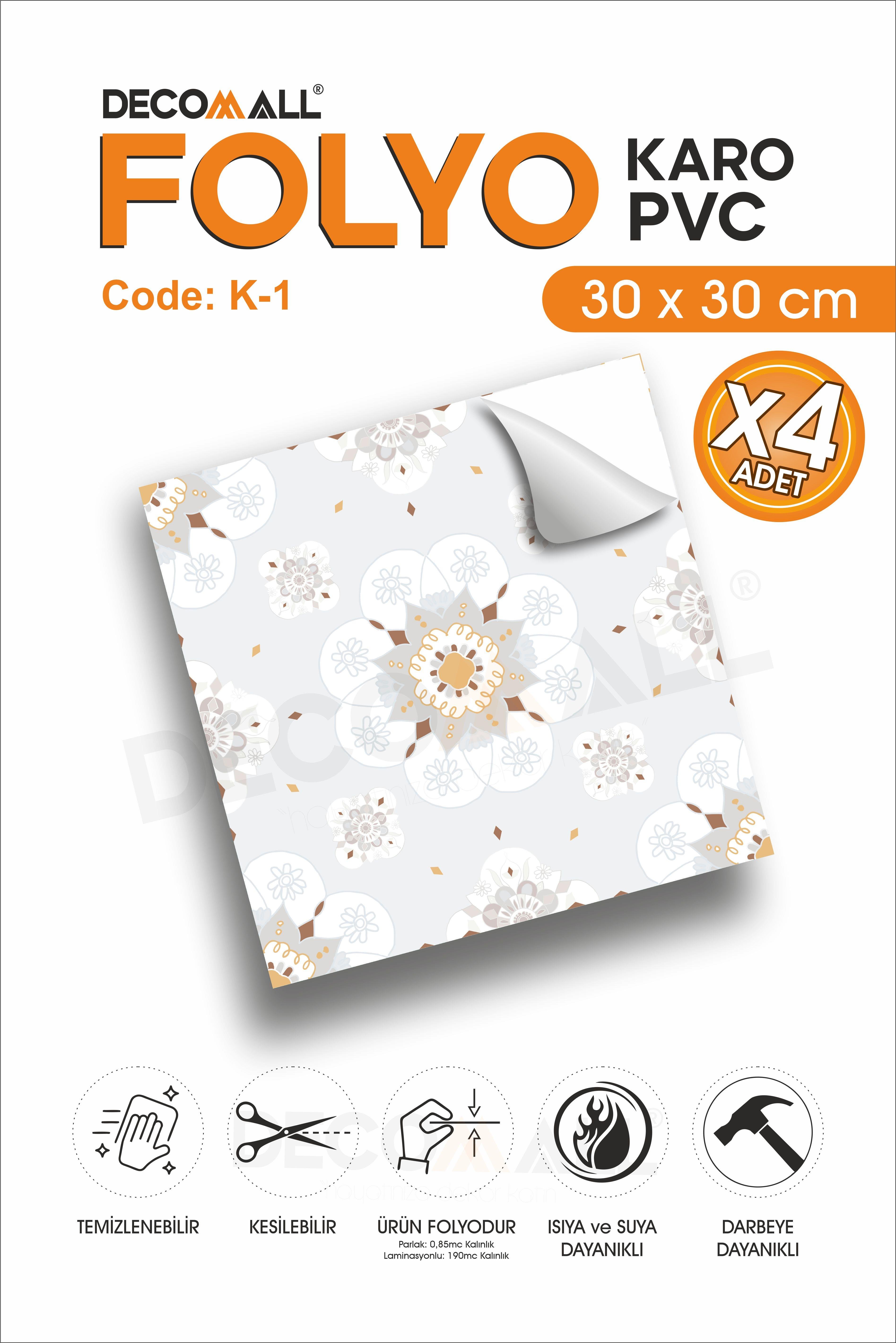 CodeK-1 Kendinden Yapışkanlı FOLYO KARO Suya Dayanıklı Mutfak Banyo Zemin Kaplama 30x30 Cm(4 ADET)
