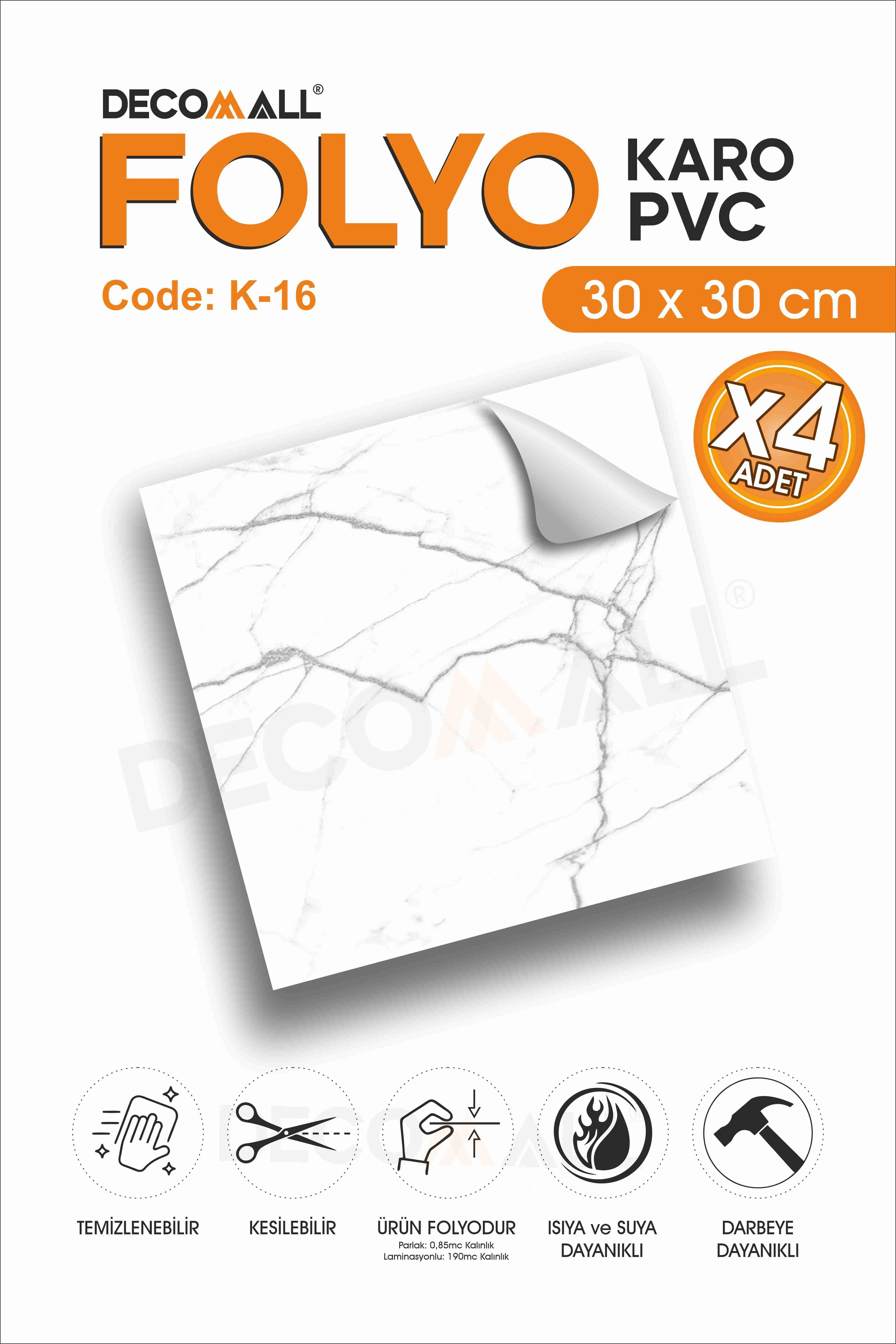 CodeK-16 Kendinden Yapışkanlı FOLYO KARO Suya Dayanıklı Mutfak Banyo Zemin Kaplama 30x30 Cm(4 ADET)