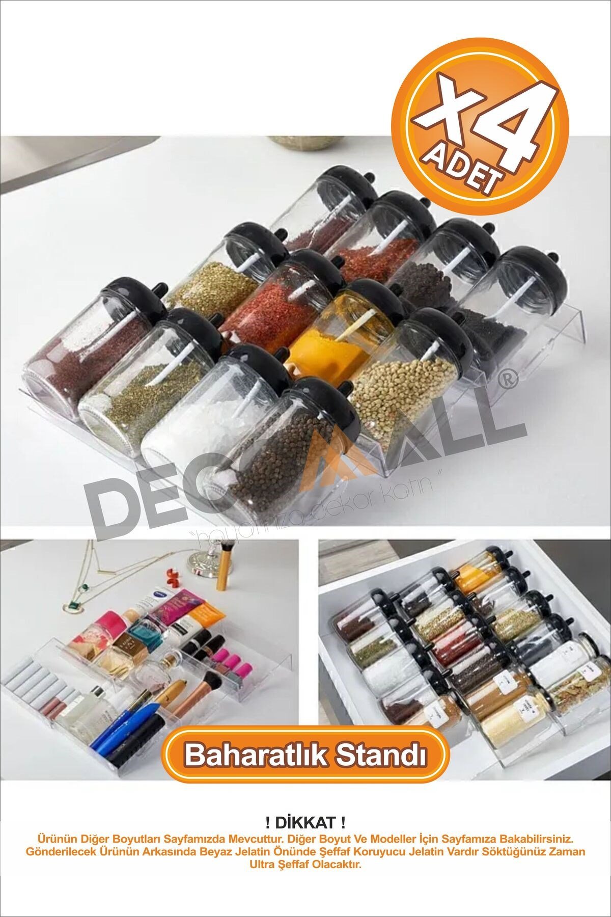 DD x4 Adet Pleksi Şeffaf Stand Baharatlık Standı Çekmece Içi Düzenleyici LÜX SET