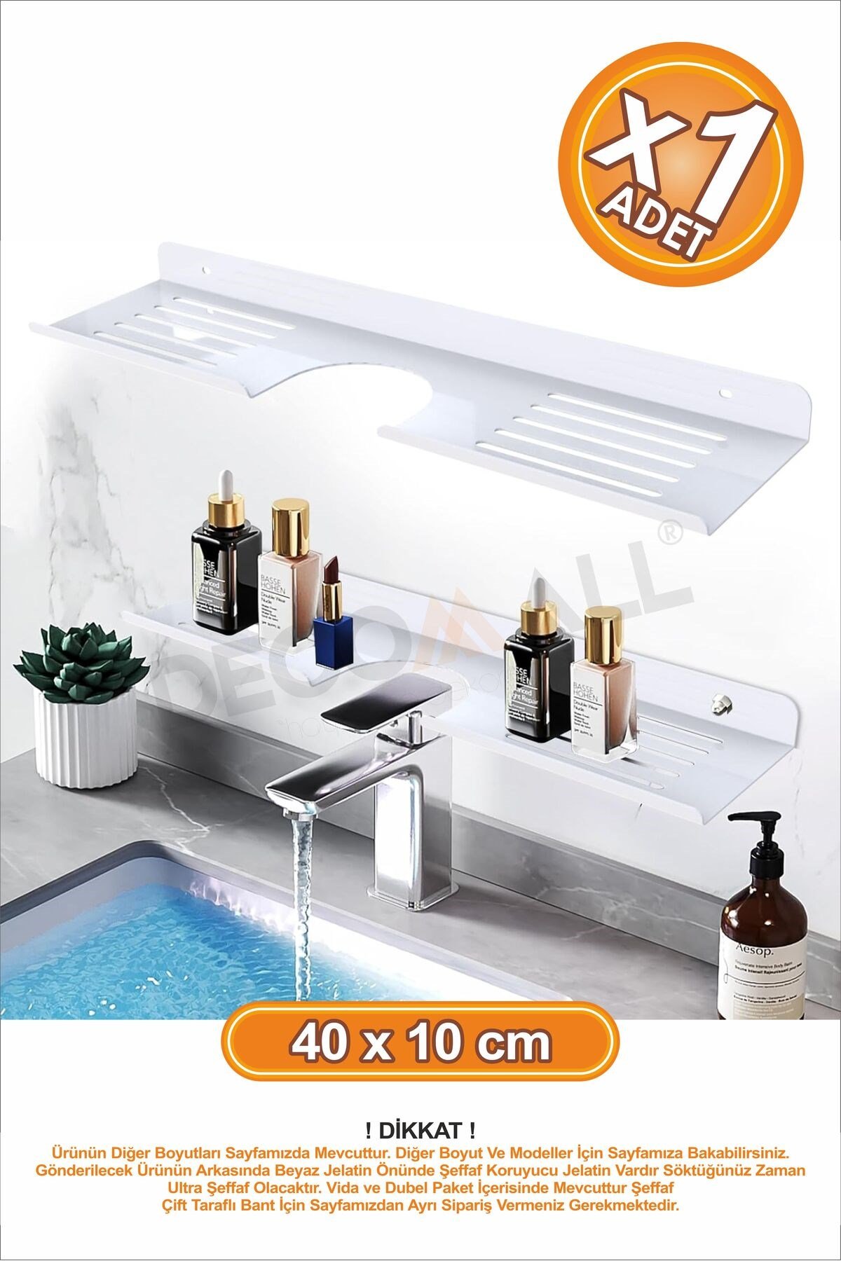 Delikli Banyo Raf Beyaz x1 Adet 40x10cm Banyo Düzenleyici Banyo Raf Sabunluk Raf Düzenleyici