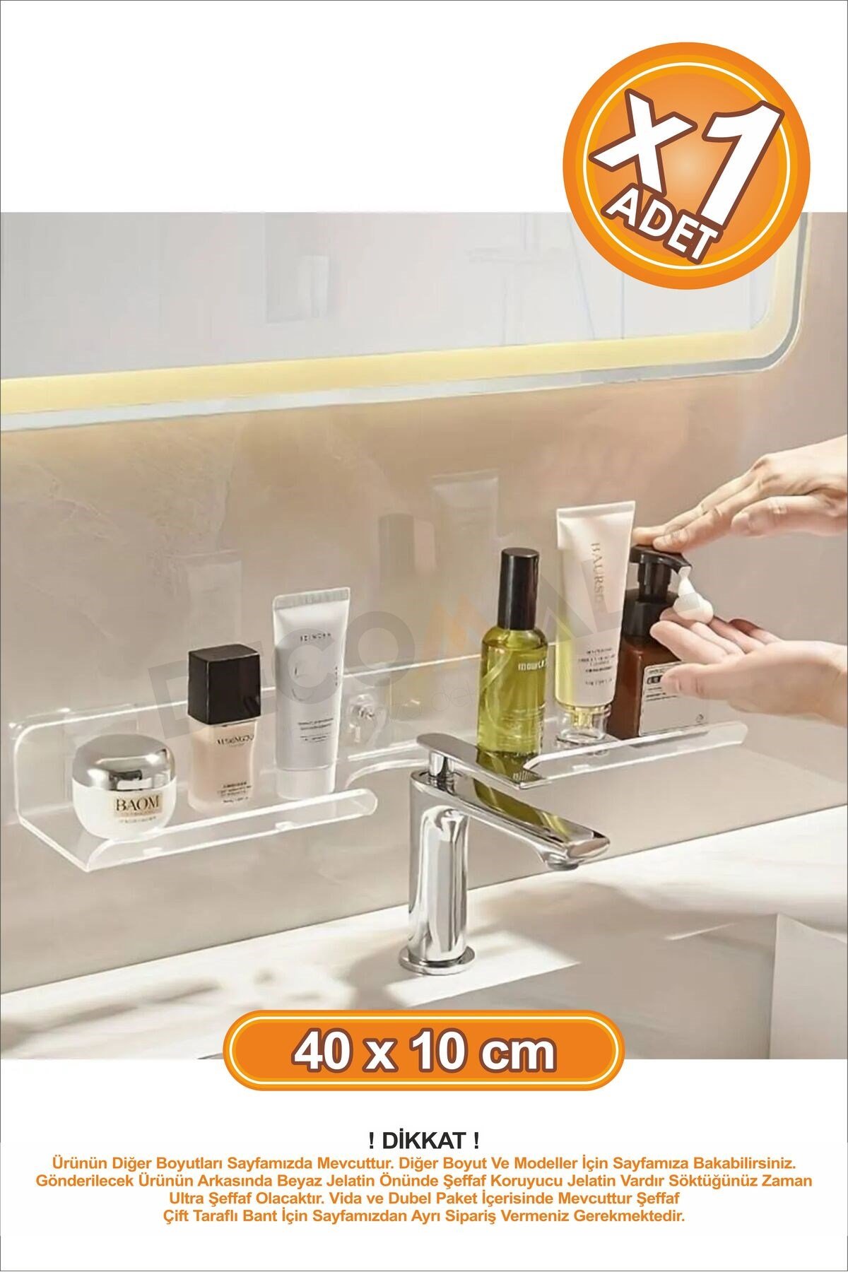 Delikli Banyo Raf Şeffaf x1 Adet 40x10cm Banyo Düzenleyici Banyo Raf Sabunluk Raf Düzenleyici