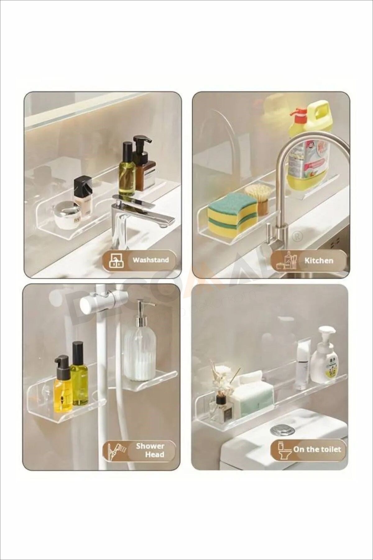 Delikli Banyo Raf Şeffaf x1 Adet 40x10cm Banyo Düzenleyici Banyo Raf Sabunluk Raf Düzenleyici