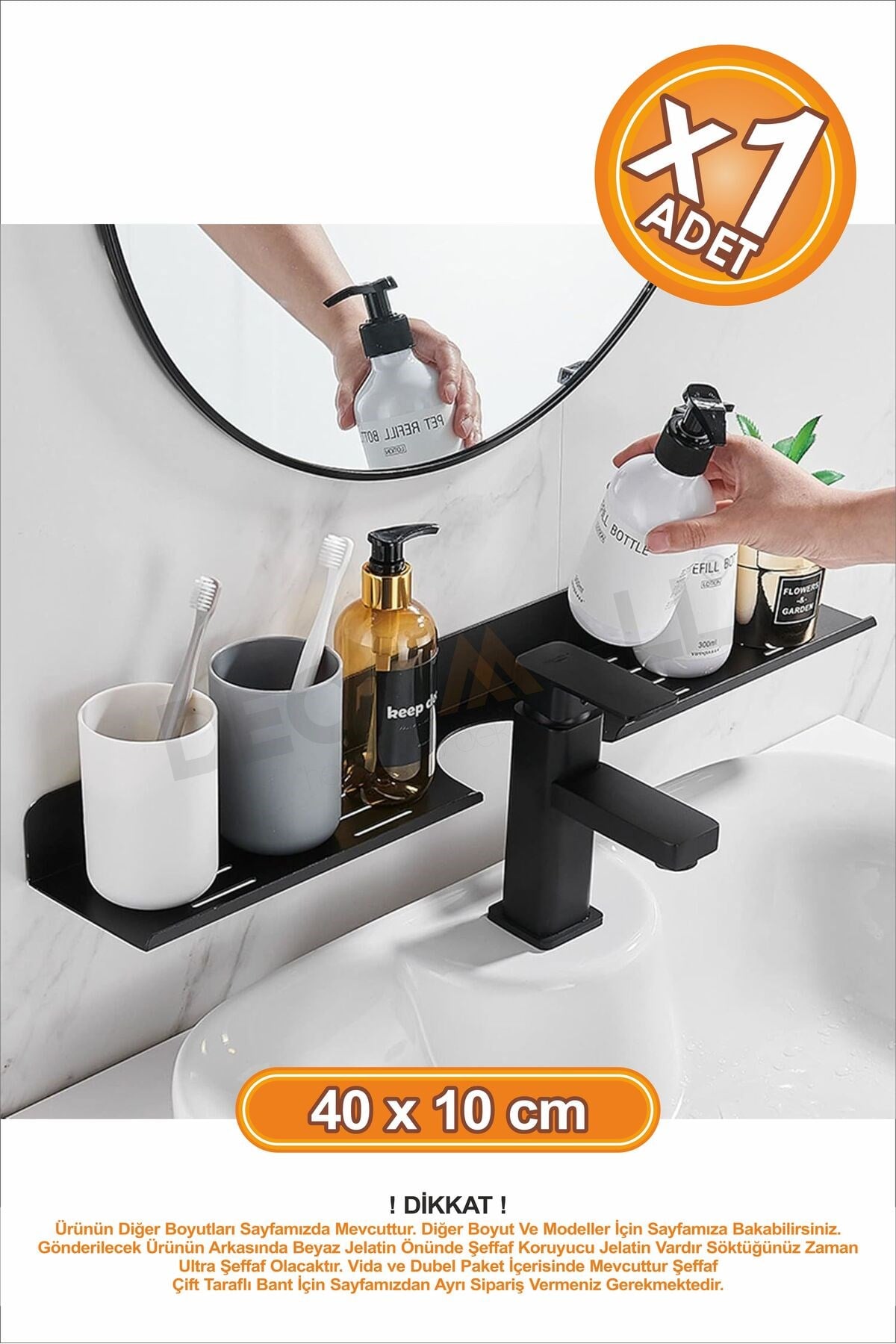 Delikli Banyo Raf Siyah x1 Adet 40x10cm Banyo Düzenleyici Banyo Raf Sabunluk Raf Düzenleyici