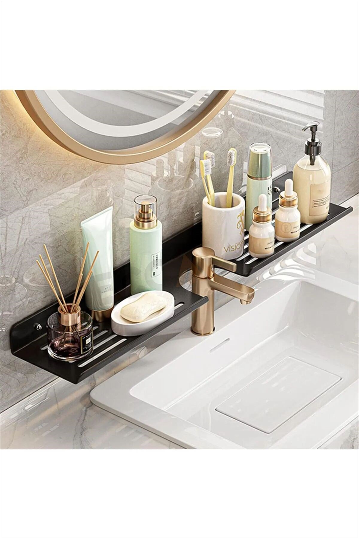 Delikli Banyo Raf Siyah x1 Adet 40x10cm Banyo Düzenleyici Banyo Raf Sabunluk Raf Düzenleyici