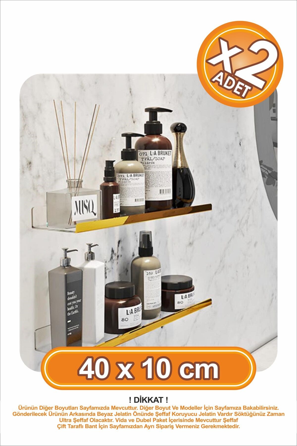 Gold Şeritli x2 Adet 40x10 cm Banyo Duvar Baharatlık Düzenleyici Raf Çok Amaçlı Duvar Rafı