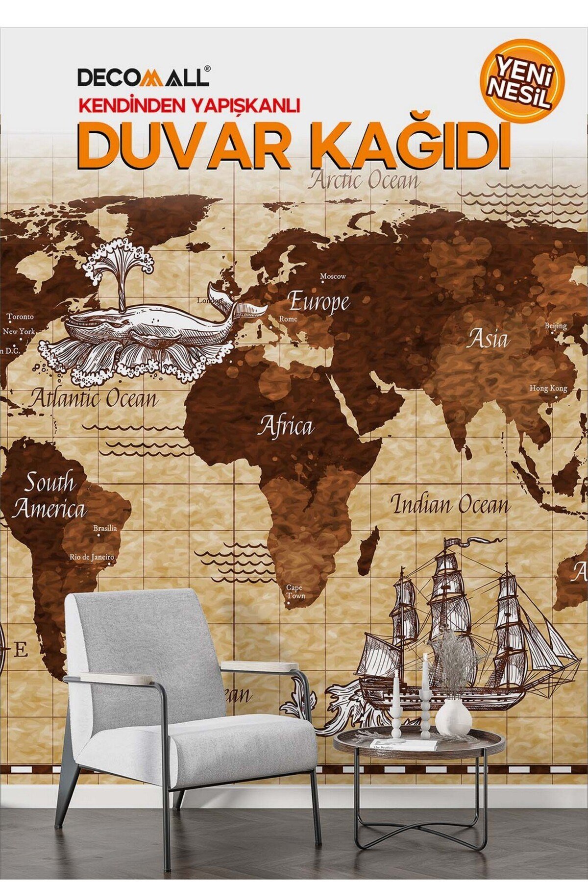 (H-3s) Dünya Haritası Duvar Kağıdı | Kendinden Yapışkanlı | Ev & Ofis Dekoru Poster