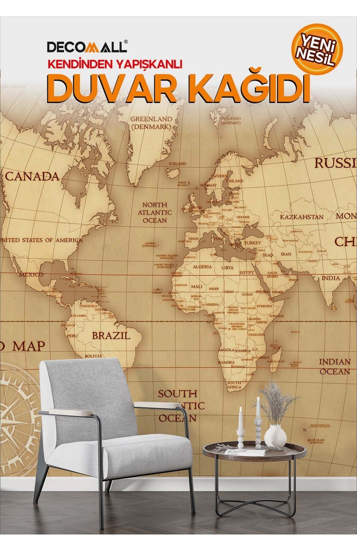 (H-4s) Dünya Haritası Duvar Kağıdı | Kendinden Yapışkanlı | Ev & Ofis Dekoru Poster