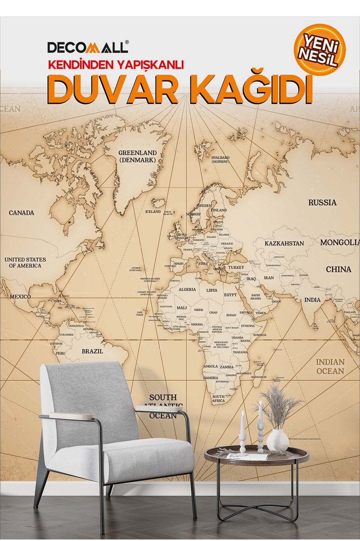 (H-5s) Dünya Haritası Duvar Kağıdı | Kendinden Yapışkanlı | Ev & Ofis Dekoru Poster