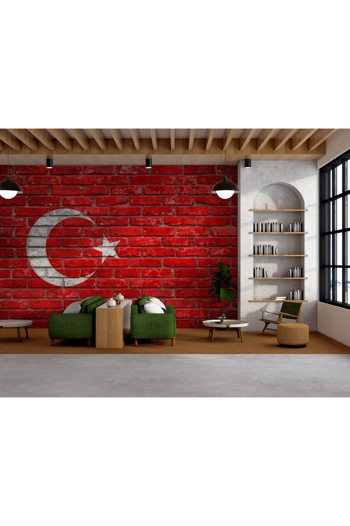 H-8 Türk Bayrağı Temalı Tuğla Duvar Kağıdı – Kırmızı Ay Yıldız Kendinden Yapışkanlı Duvar Kaplama