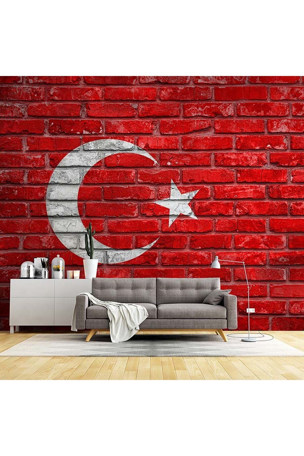 H-8 Türk Bayrağı Temalı Tuğla Duvar Kağıdı – Kırmızı Ay Yıldız Kendinden Yapışkanlı Duvar Kaplama