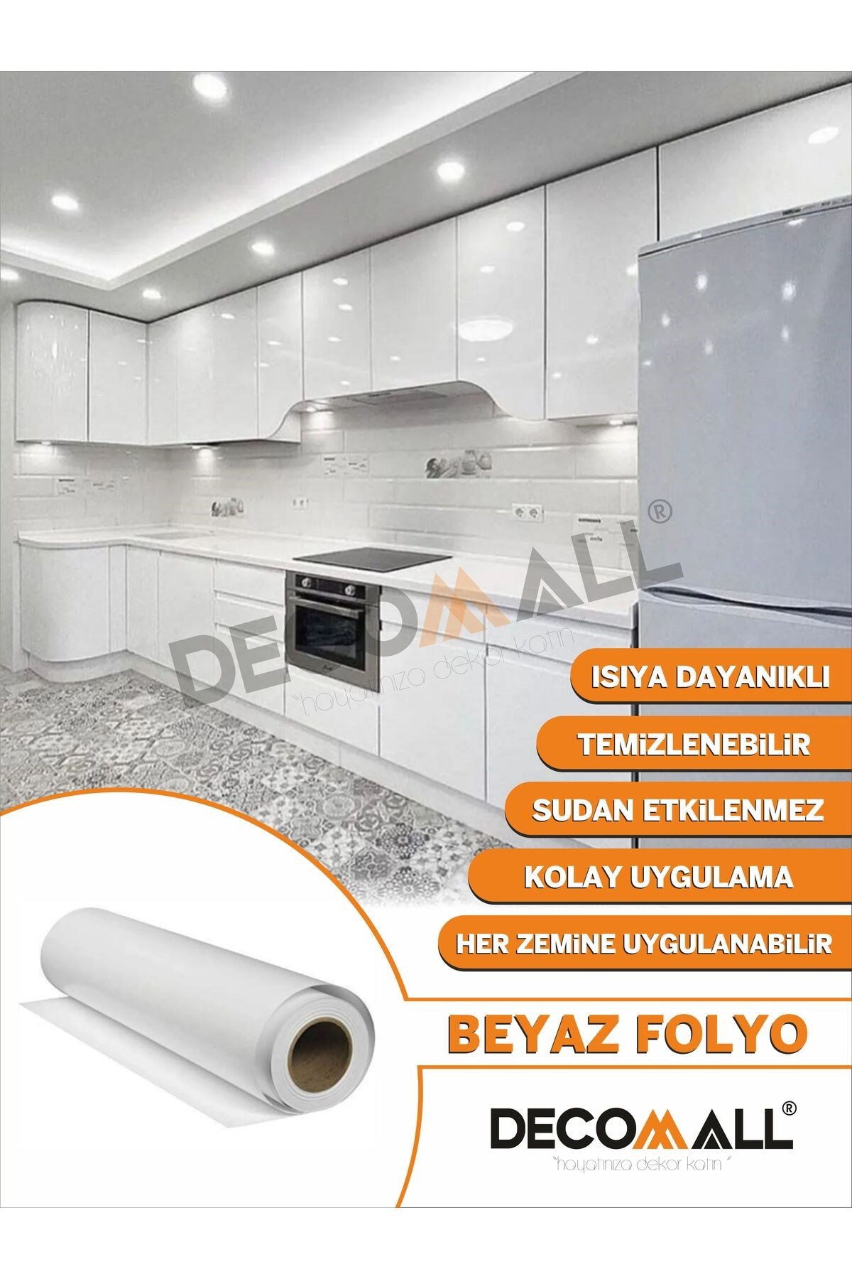 İSTEDİĞİNİZ ÖLÇÜDE PARLAK BEYAZ DOLAP ZEMİN FAYANS MOBİLYA KENİNDEN YAPIŞKANLI FOLYO KAPLAMAbb