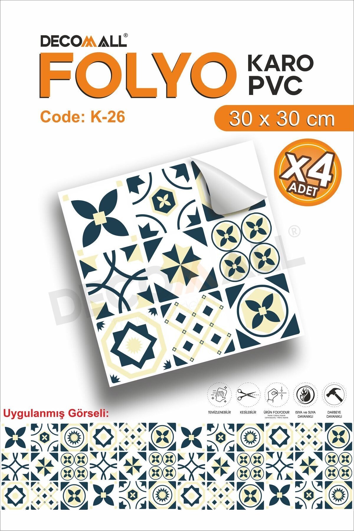 K-26 Kendinden Yapışkanlı FOLYO Suya Dayanıklı Mutfak Banyo Zemin Kaplama 30x30cm(Laminasyonlu)