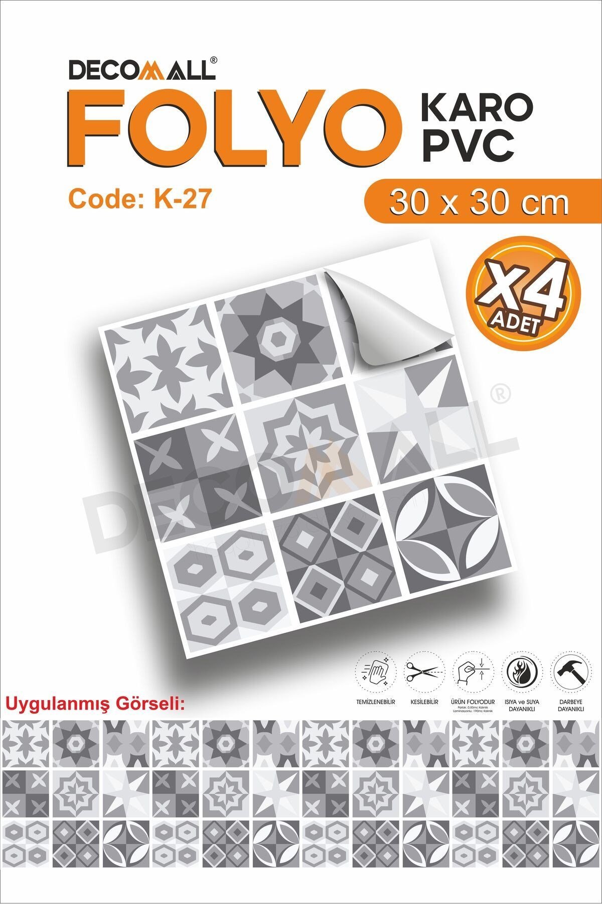 K-27 Kendinden Yapışkanlı FOLYO Suya Dayanıklı Mutfak Banyo Zemin Kaplama 30x30cm (Laminasyonlu)