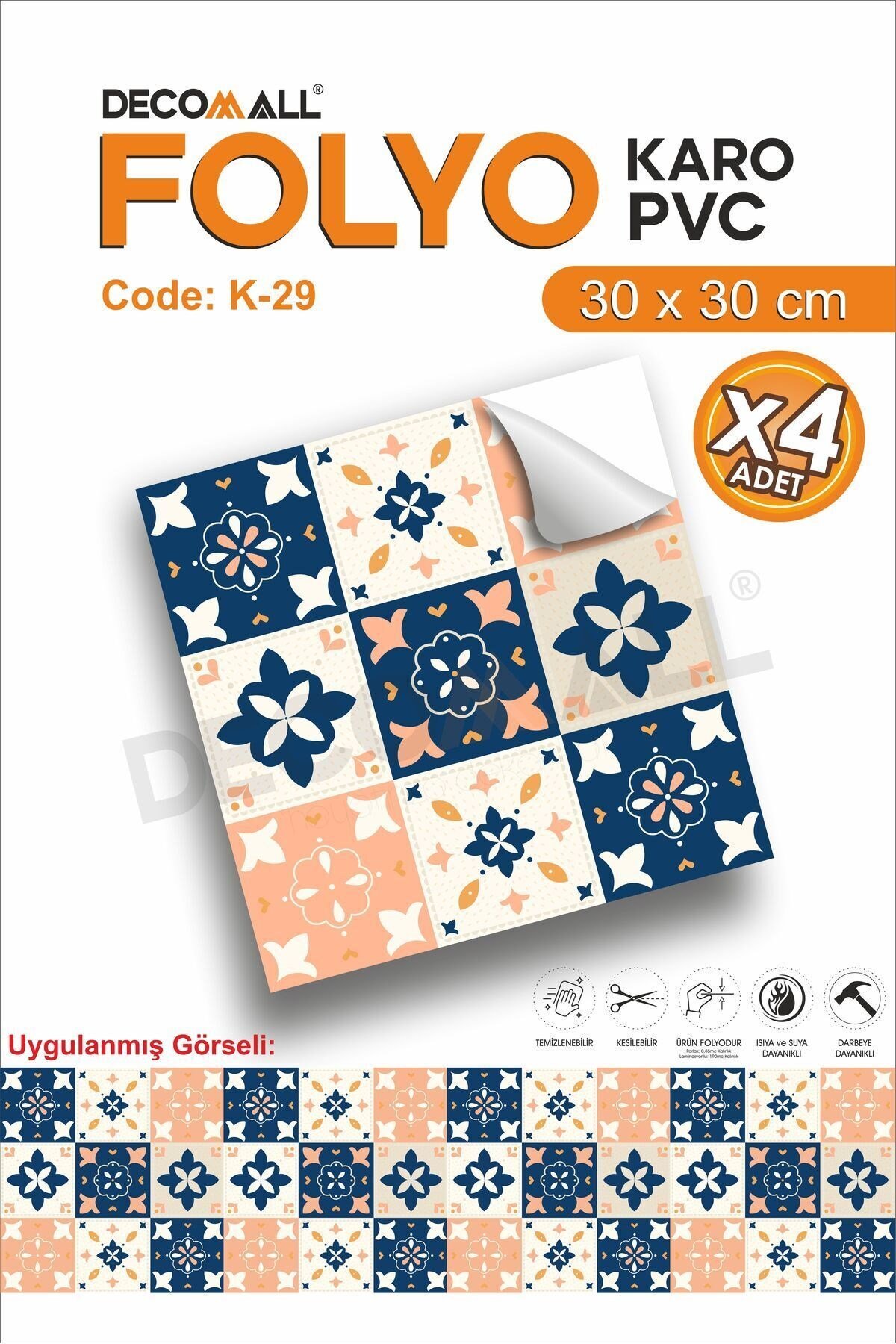K-29 Kendinden Yapışkanlı FOLYO KARO Suya Dayanıklı Mutfak Banyo Zemin Kaplama 30x30 Cm(4 ADET)
