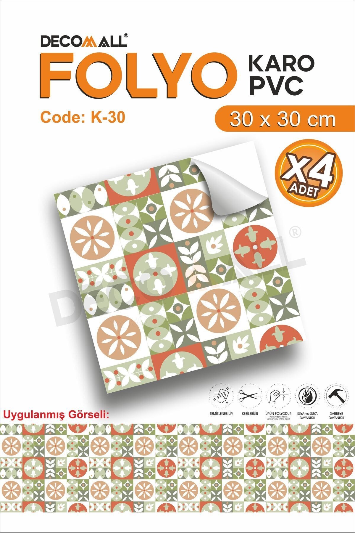 K-30 Kendinden Yapışkanlı FOLYO Suya Dayanıklı Mutfak Banyo Zemin Kaplama 30x30cm (Laminasyonlu)