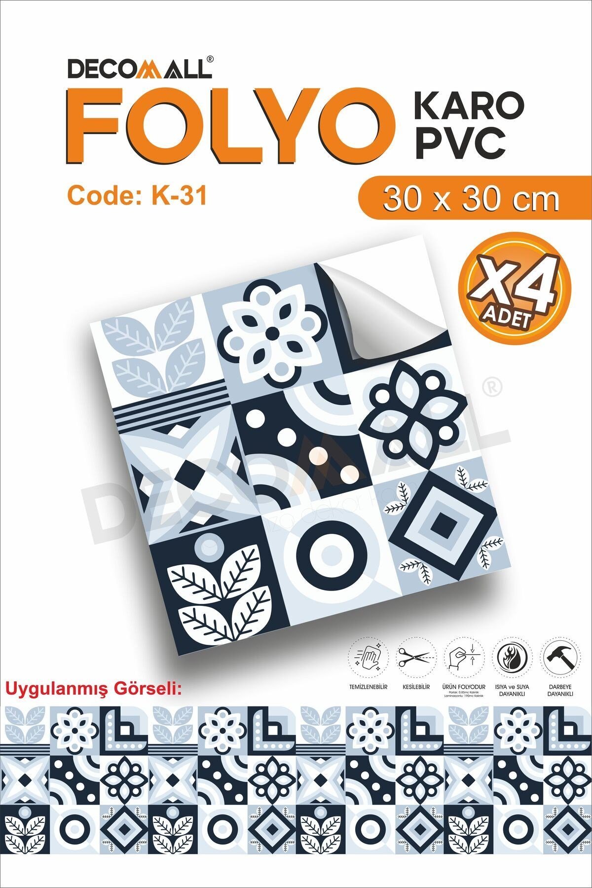 K-31 Kendinden Yapışkanlı FOLYO Suya Dayanıklı Mutfak Banyo Zemin Kaplama 30x30cm (Laminasyonlu)