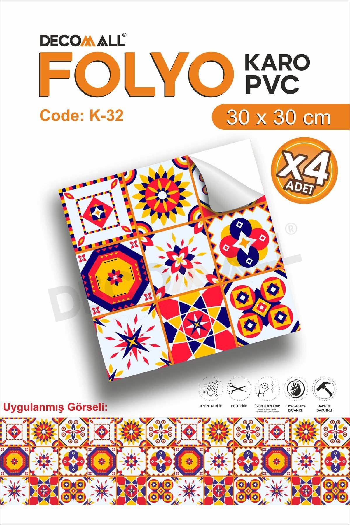 K-32 Kendinden Yapışkanlı FOLYO KARO Suya Dayanıklı Mutfak Banyo Zemin Kaplama 30x30 Cm(4 ADET)