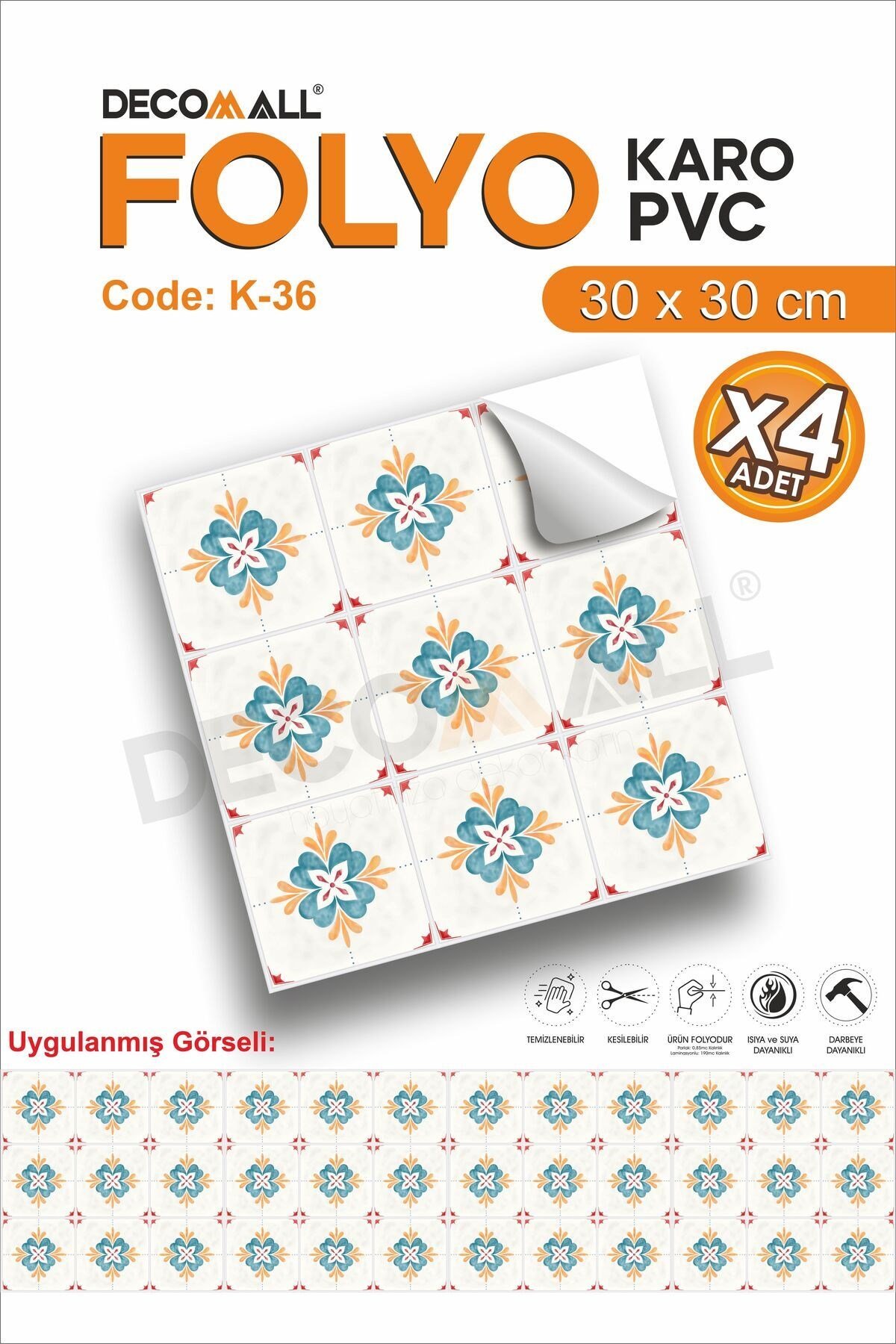 K-36 Kendinden Yapışkanlı FOLYO Suya Dayanıklı Mutfak Banyo Zemin Kaplama 30x30cm (Laminasyonlu)