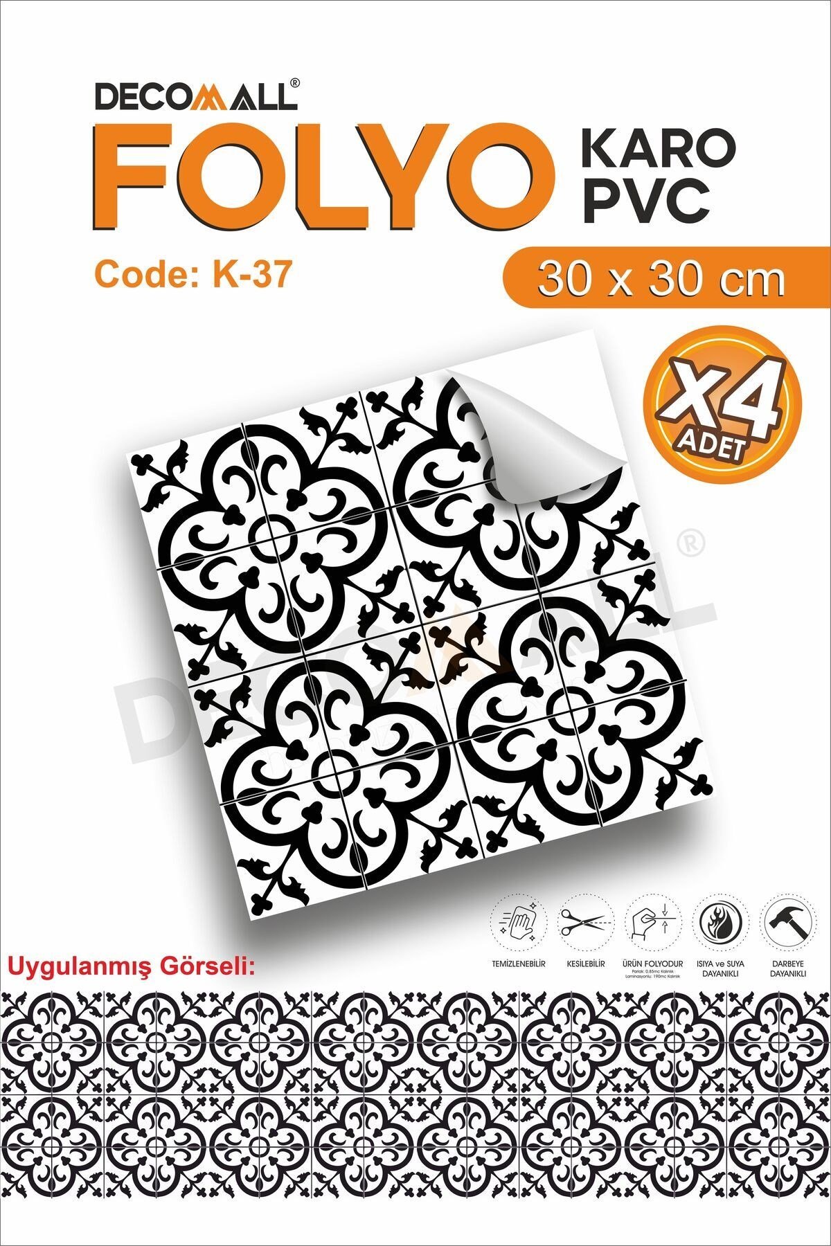 K-37 Kendinden Yapışkanlı FOLYO KARO Suya Dayanıklı Mutfak Banyo Zemin Kaplama 30x30 Cm(4 ADET)
