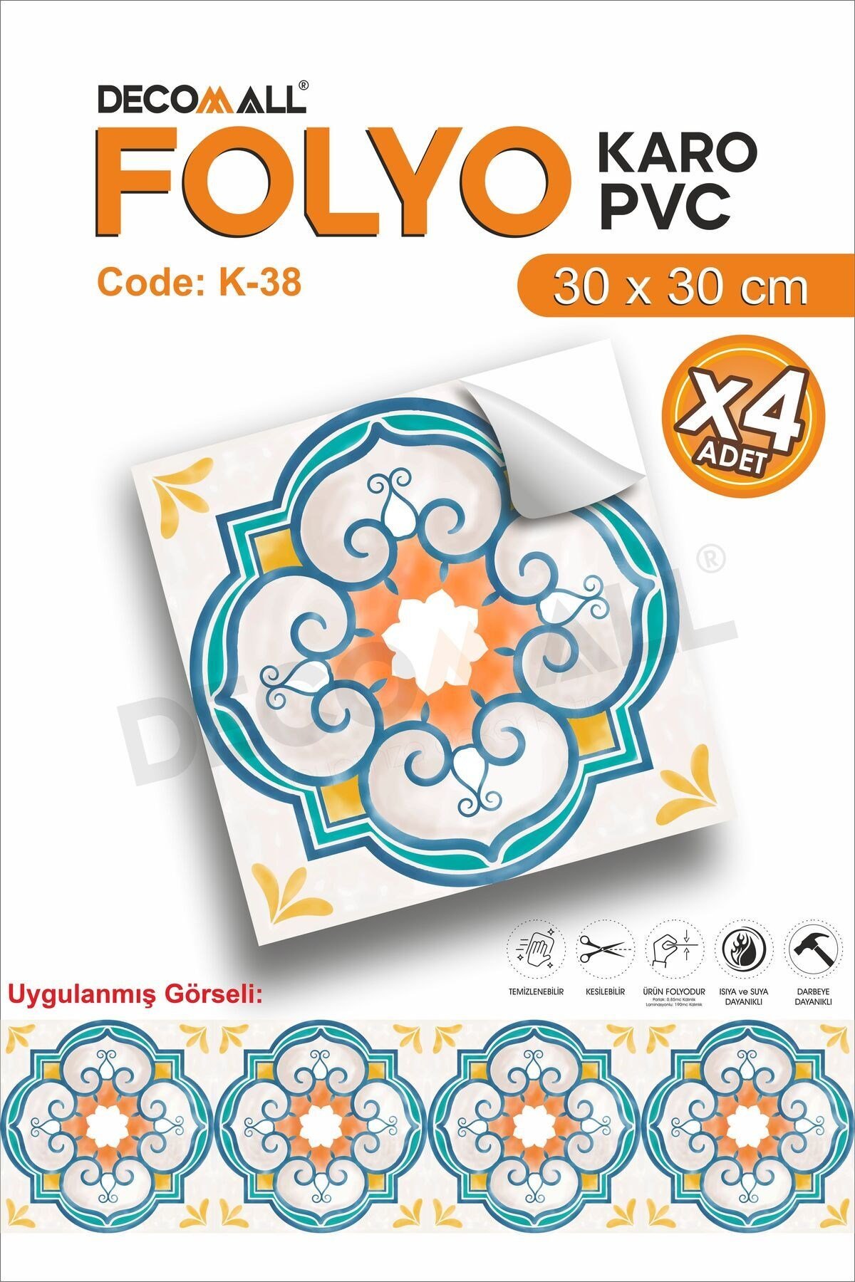 K-38 Kendinden Yapışkanlı FOLYO KARO Suya Dayanıklı Mutfak Banyo Zemin Kaplama 30x30 Cm(4 ADET)