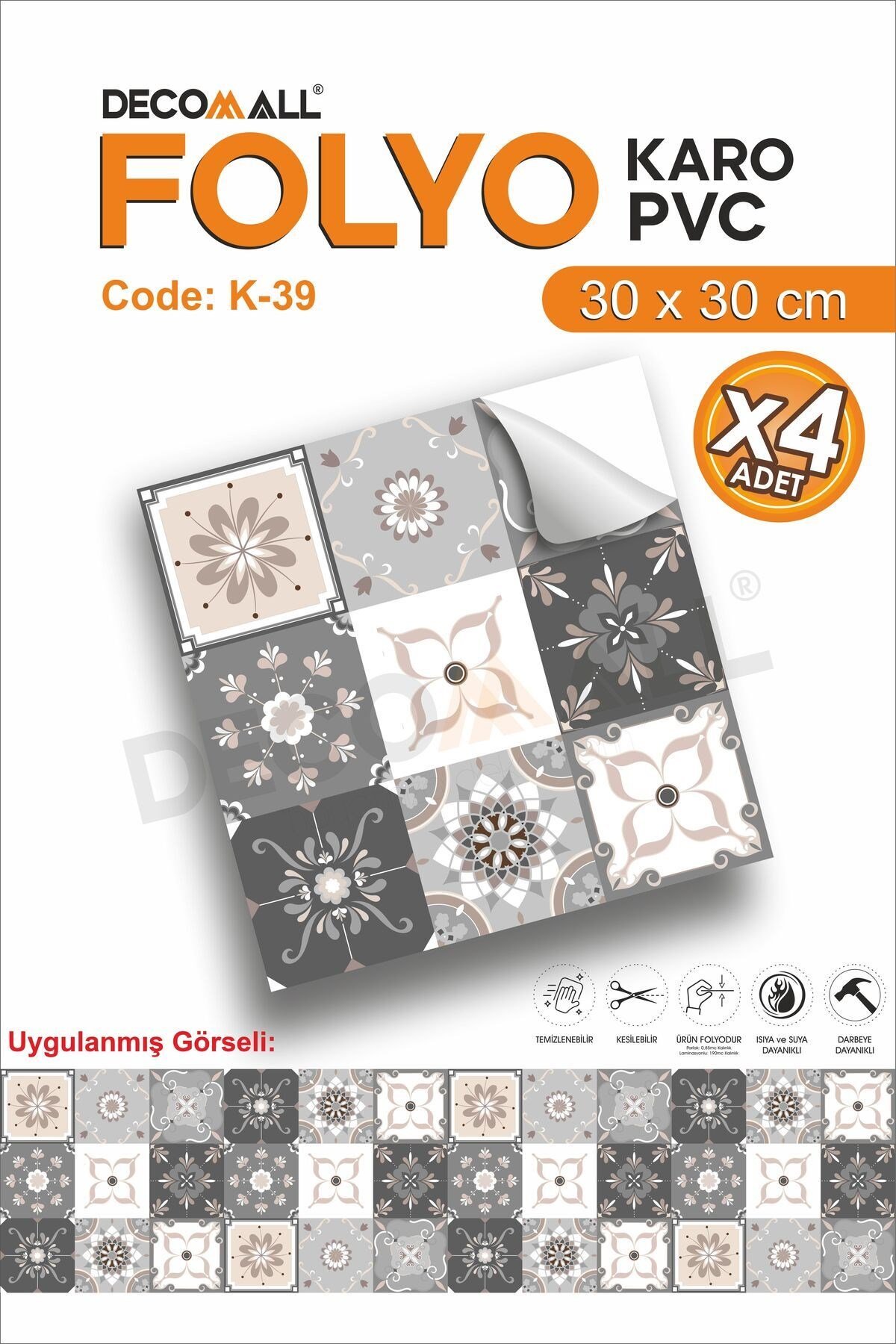 K-39 Kendinden Yapışkanlı FOLYO KARO Suya Dayanıklı Mutfak Banyo Zemin Kaplama 30x30 Cm(4 ADET)