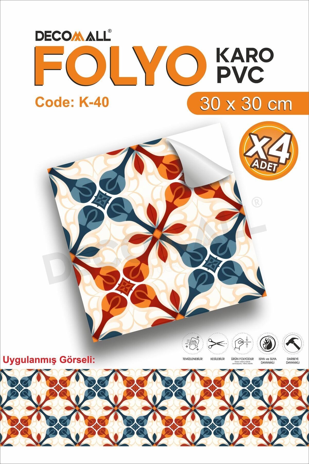 K-40 Kendinden Yapışkanlı FOLYO Suya Dayanıklı Mutfak Banyo Zemin Kaplama 30x30cm (Laminasyonlu)